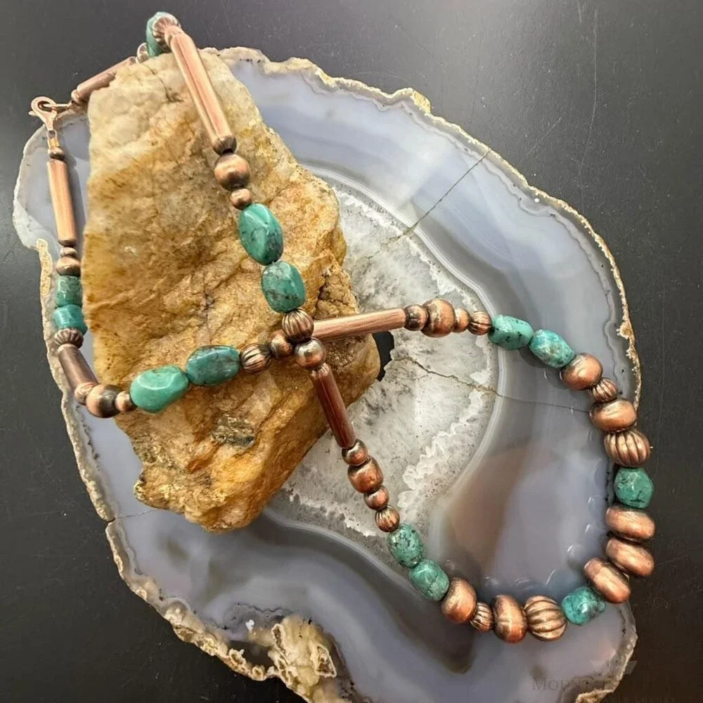 Southwestern Style 3-9.5mm Copper Navajo Pearl,Cylinder&Turquoise Beads Necklace